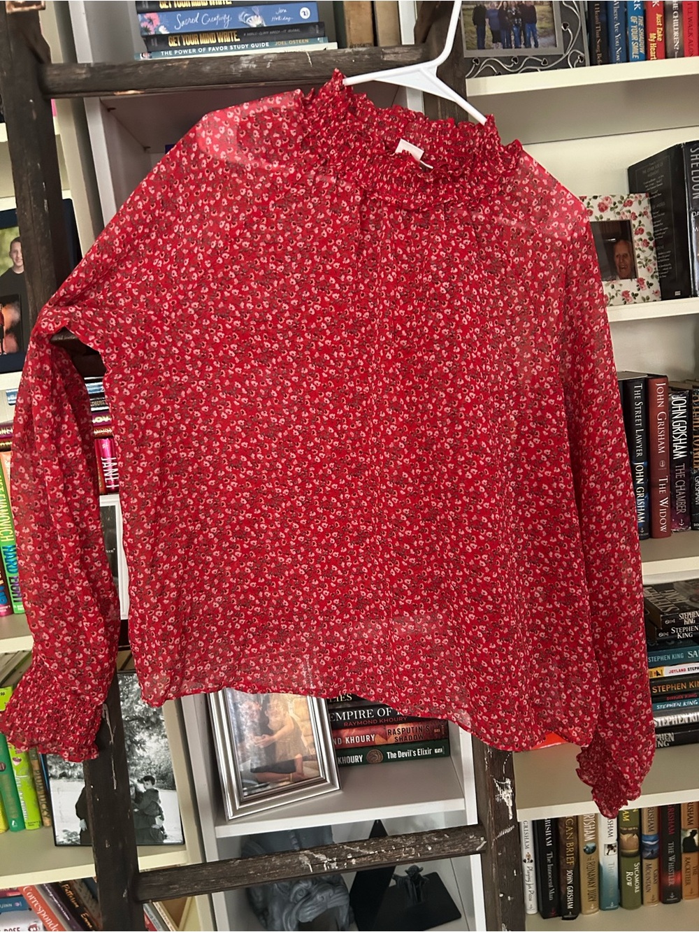 GAP Red Floral Smocked Ruffle Neck Blouse